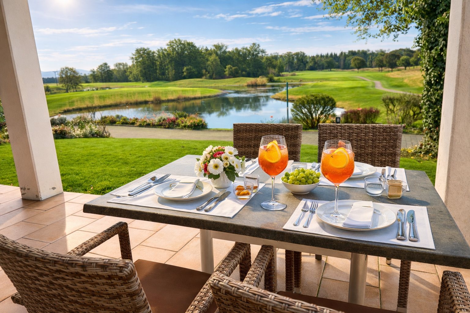 Gedeckter Tisch auf der Terrasse mit Getränken und Blick auf den Golfplatz