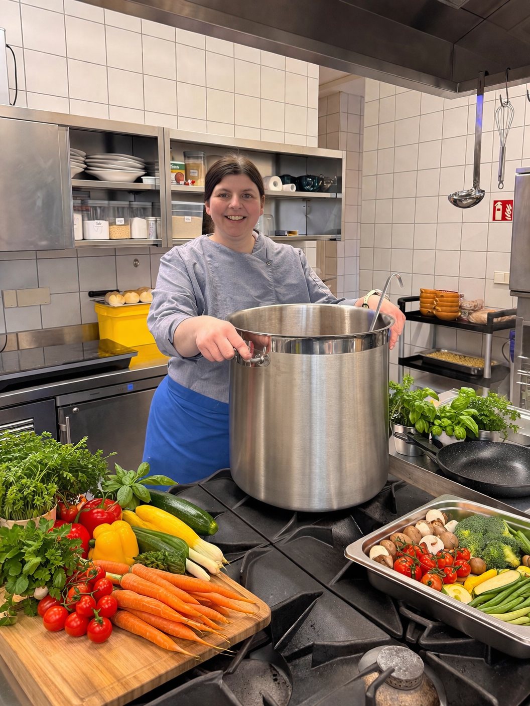 Küche mit frischem Gemüse und großem Kochtopf