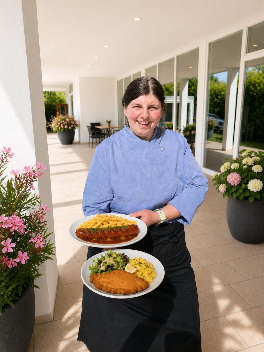 Servierte Teller mit Currywurst, Pommes, Schnitzel und Salat