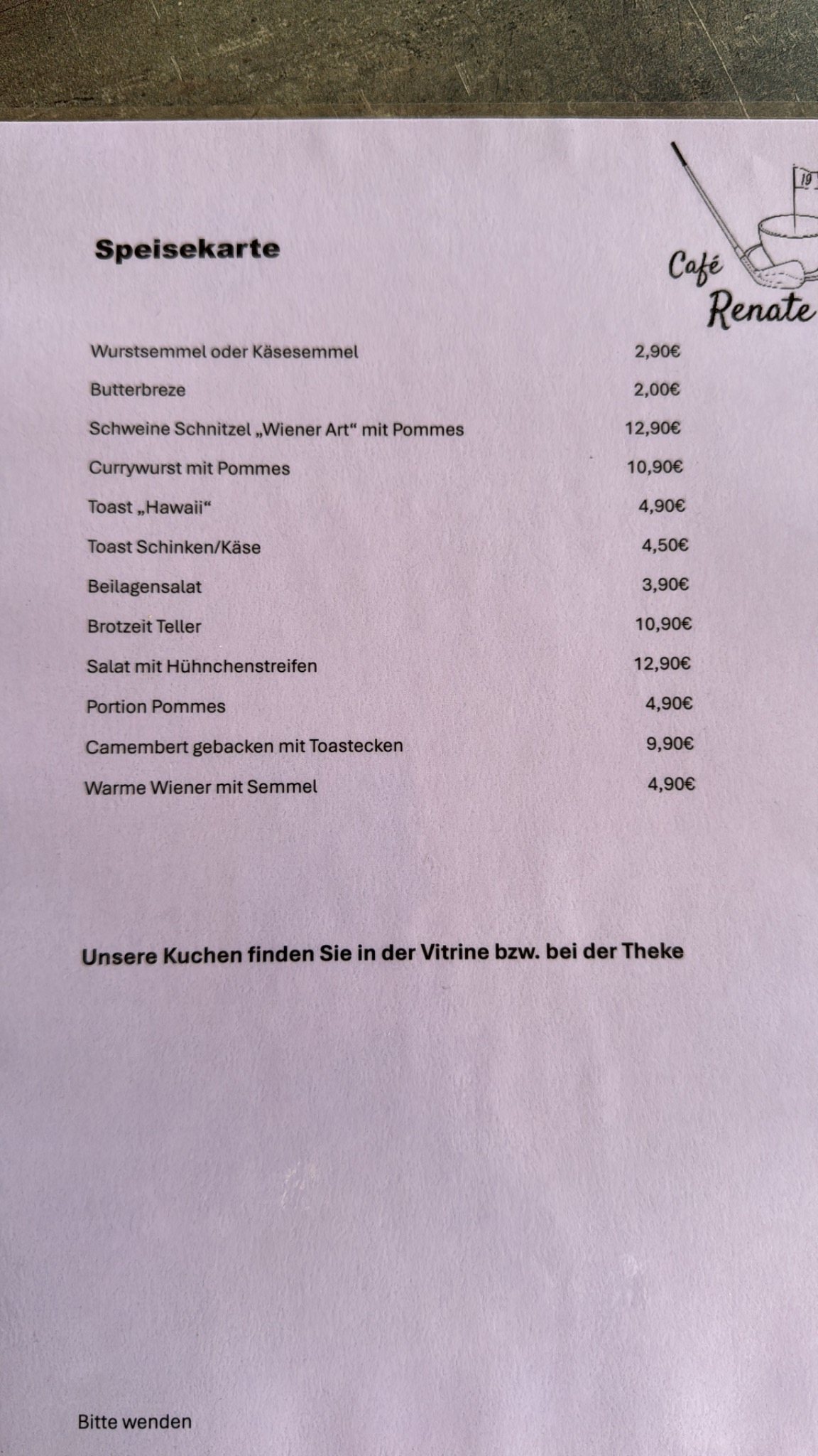 Foto der Speisekarte vom Café Renate
